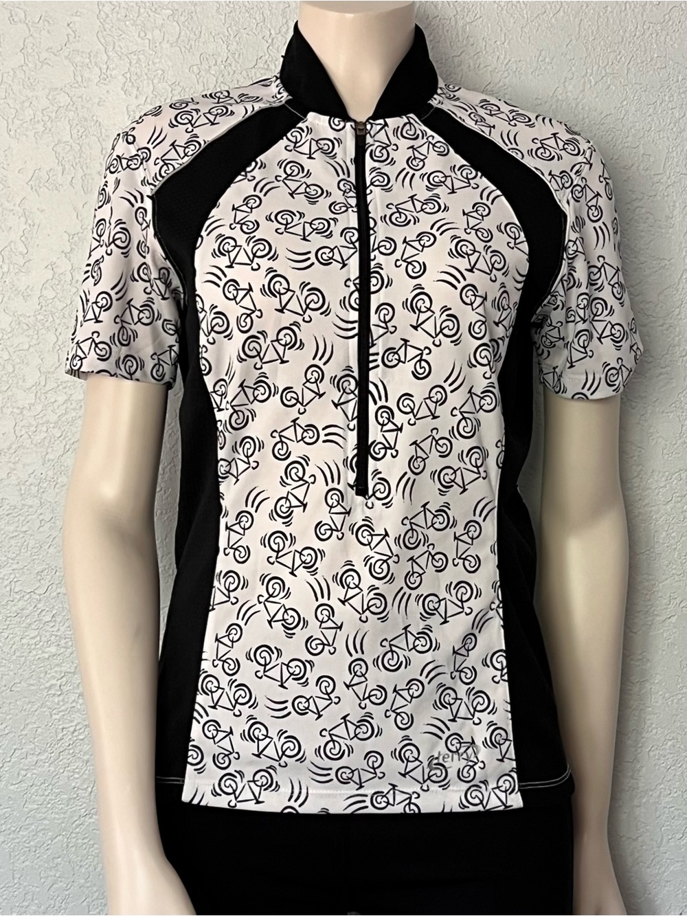 Terry Cycling Spin Jersey Small Bike Print 1/4 Zip Rear Pockets Black White